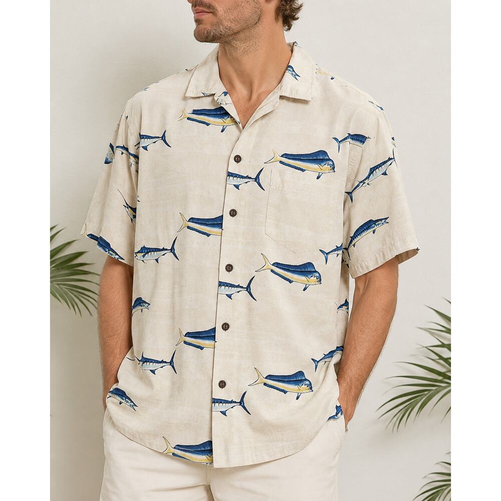 Pacific Legend Apparel Hawaiian Shirt Large Marlin Mahi Fish Print Short Sleeve